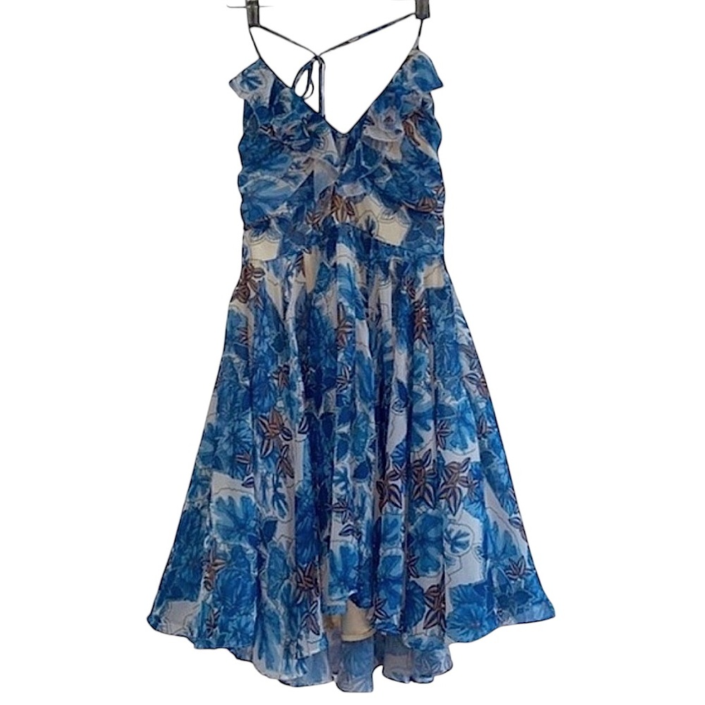 ARK & CO DRESS RUFFLE NECK FLORAL CHIFFON OPEN BACK SUMMER SLEEVELESS BLUE